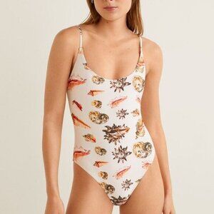 MNG Seashell Print Scoop Neck One Piece Swimsuit in White Size Medium